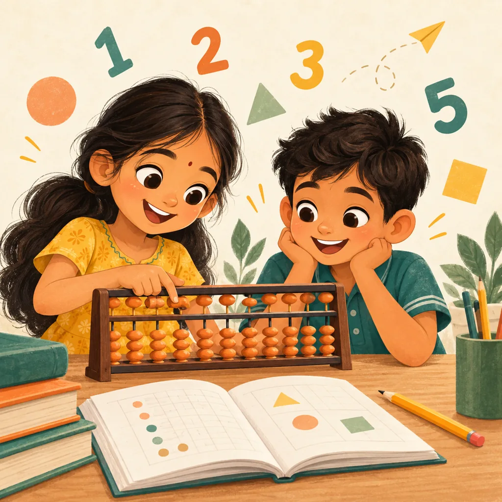 Illustration of two children learning together with an abacus